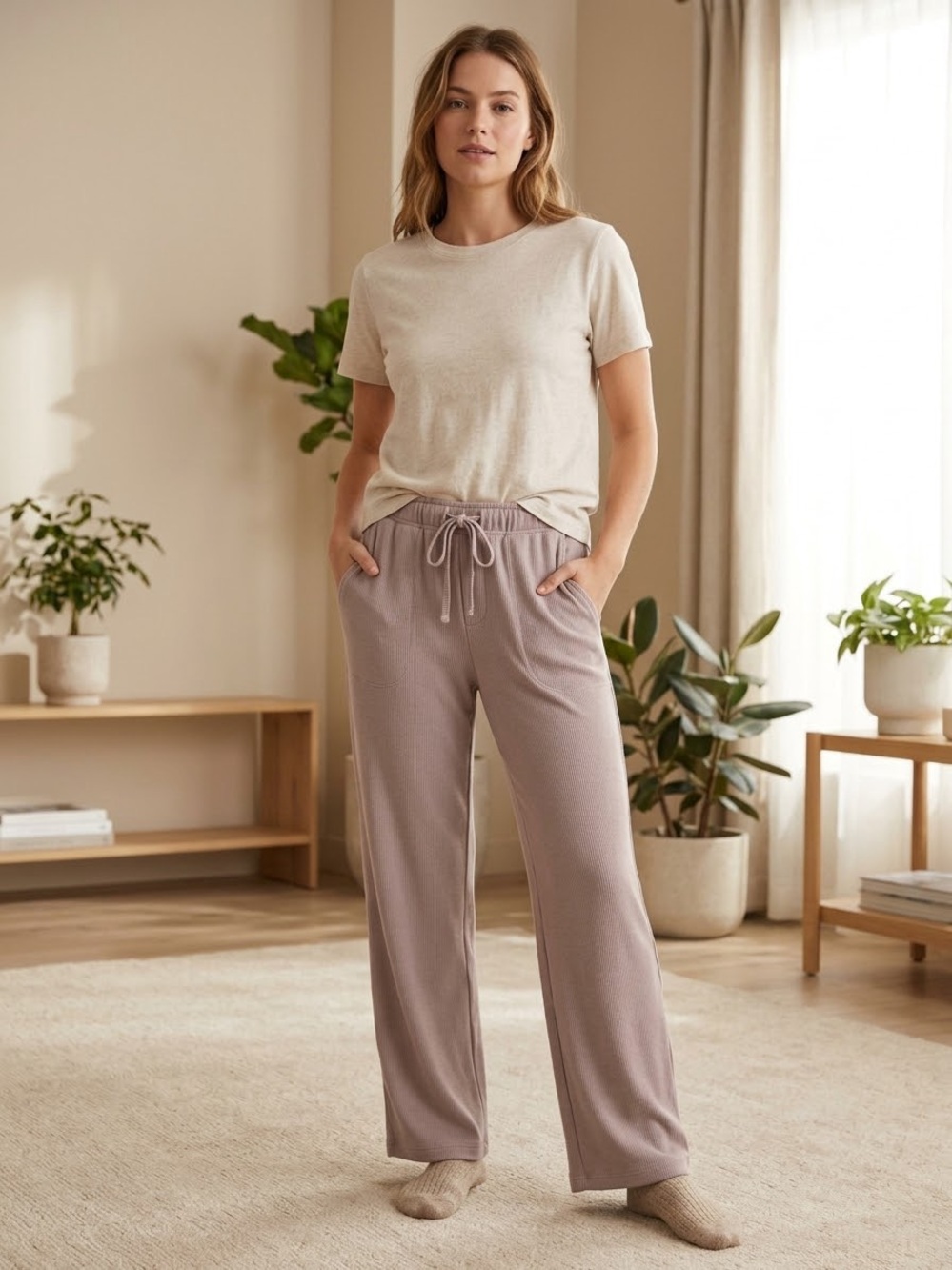 Aspen Women's Small Beige Ribbed Wide Leg Sweatpants Drawstring